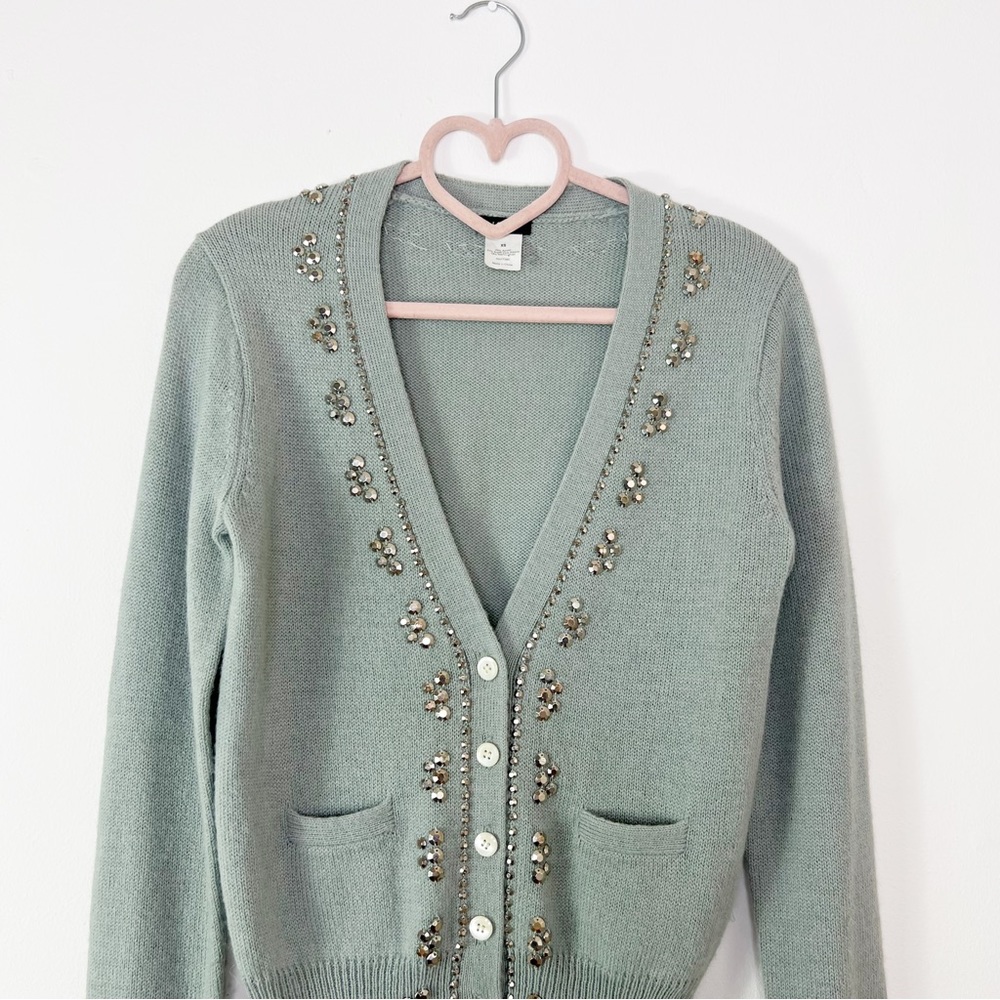 J.Crew Light Grey Green Alpaca Merino Embellished Cardigan With Pockets Size XS - Picture 4 of 7